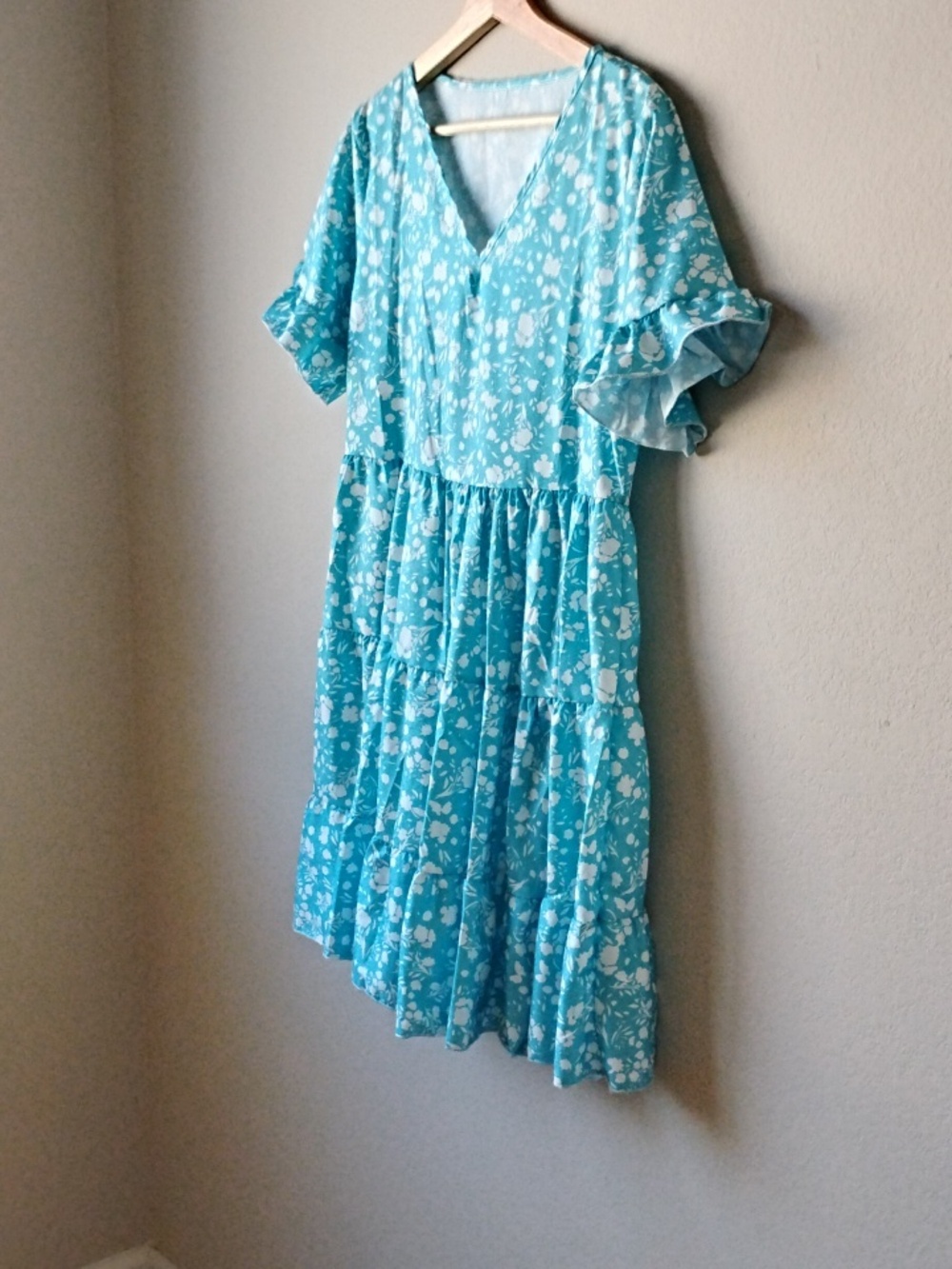 Classic Aqua Floral Women's Dress with Ruffle Sleeves - Picture 4 of 10